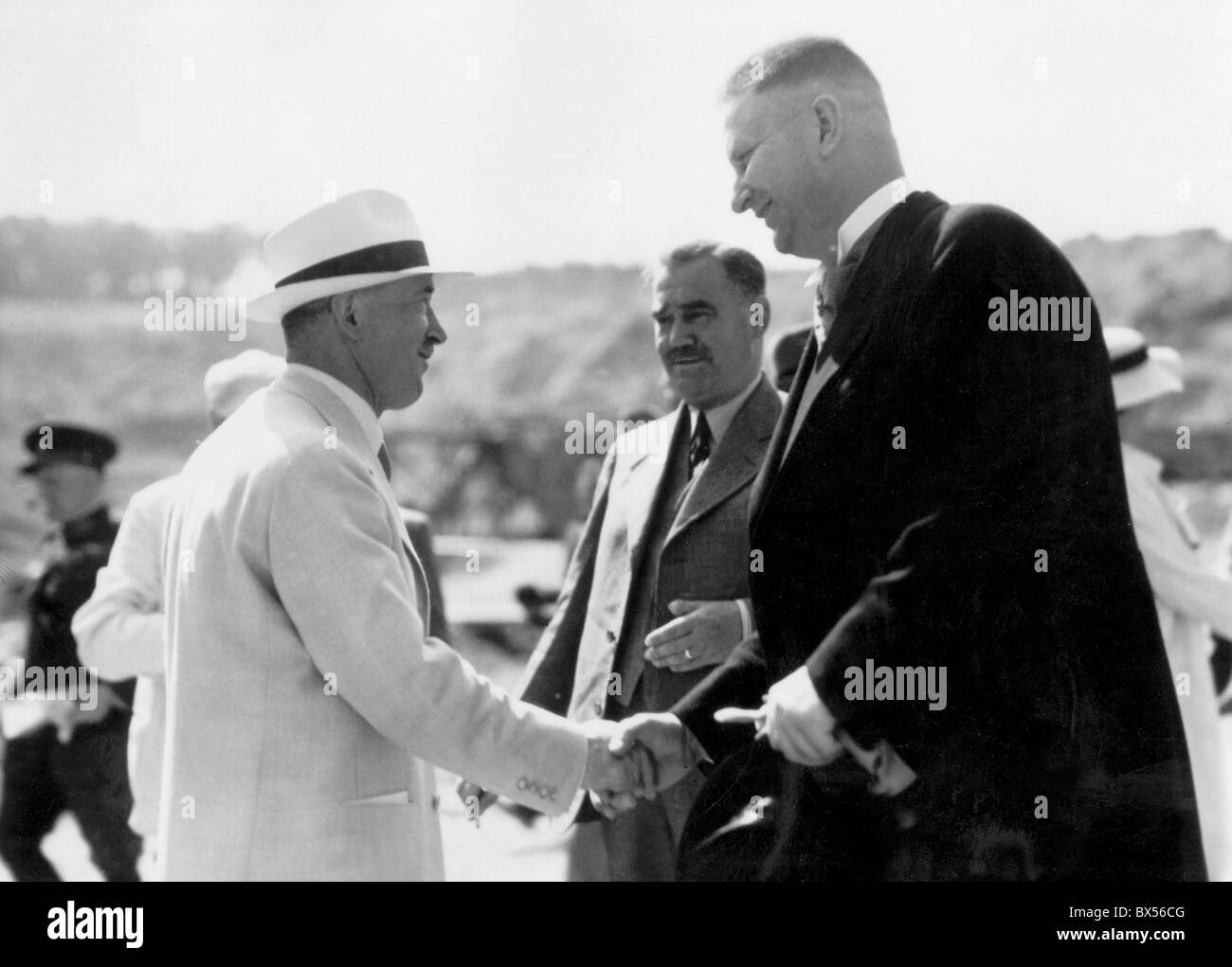 La Tchécoslovaquie 1936, président Edvard Benes se réunit avec Jan Antonin Bata lors de sa visite à Zlin. Banque D'Images