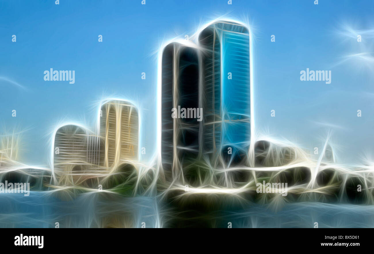 Rendu numérique croquis de fractale cityscape in Cairo, Egypt. Nil ci-dessous. Banque D'Images