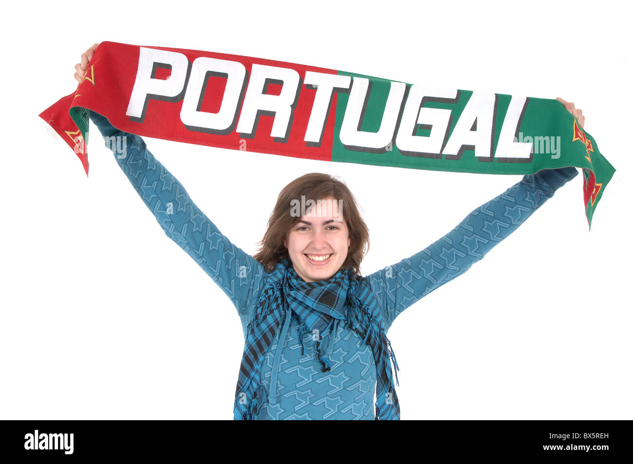 Femme Portugal fan de foot, isolé sur fond blanc Banque D'Images