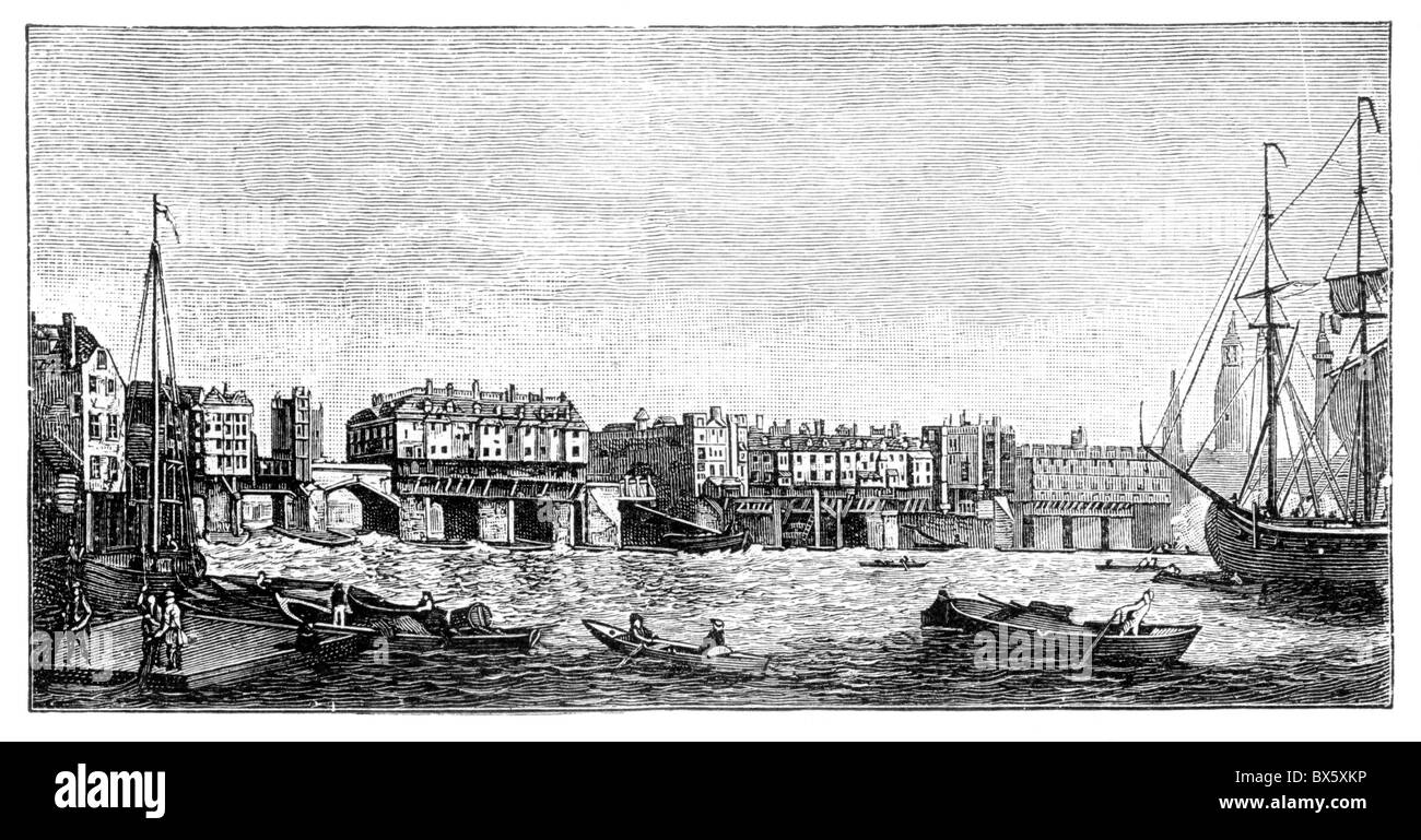 Le Pont de Londres et des teinturiers quai dans le 18e siècle ; noir et blanc Illustration ; Banque D'Images