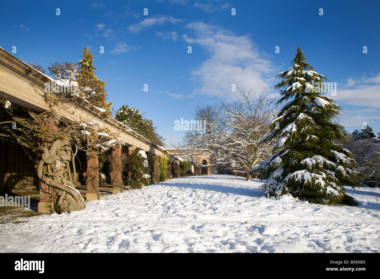 Terrasse bien exposée dans les jardins de la vallée en hiver Harrogate North Yorkshire Angleterre Banque D'Images