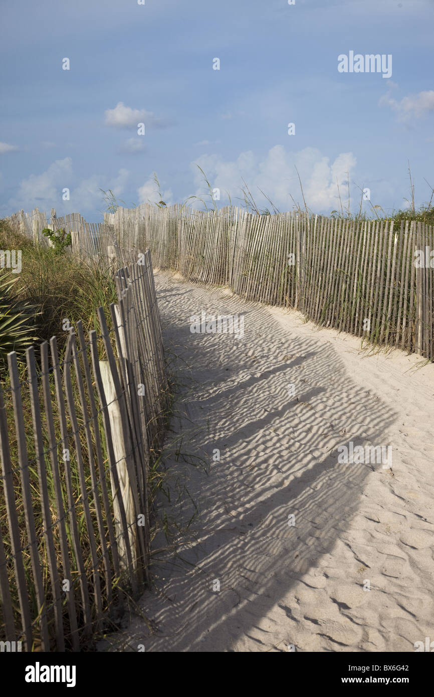 Le sable qui s'est tenue en place par clôture sur South Beach à Miami Beach, Floride, États-Unis d'Amérique, Amérique du Nord Banque D'Images