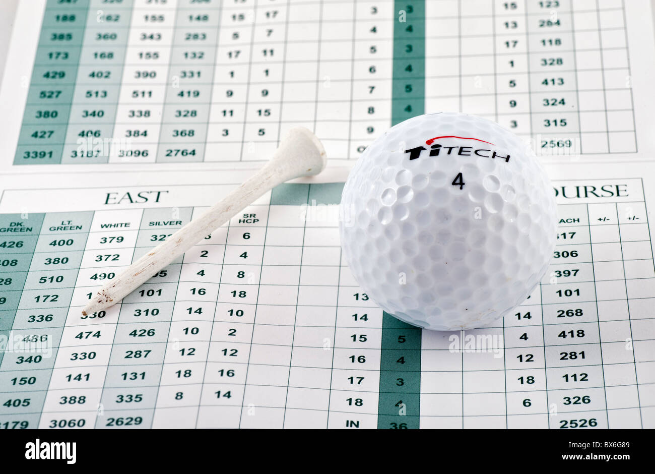 Balle de golf, tee et Score Card, Florida, USA Banque D'Images