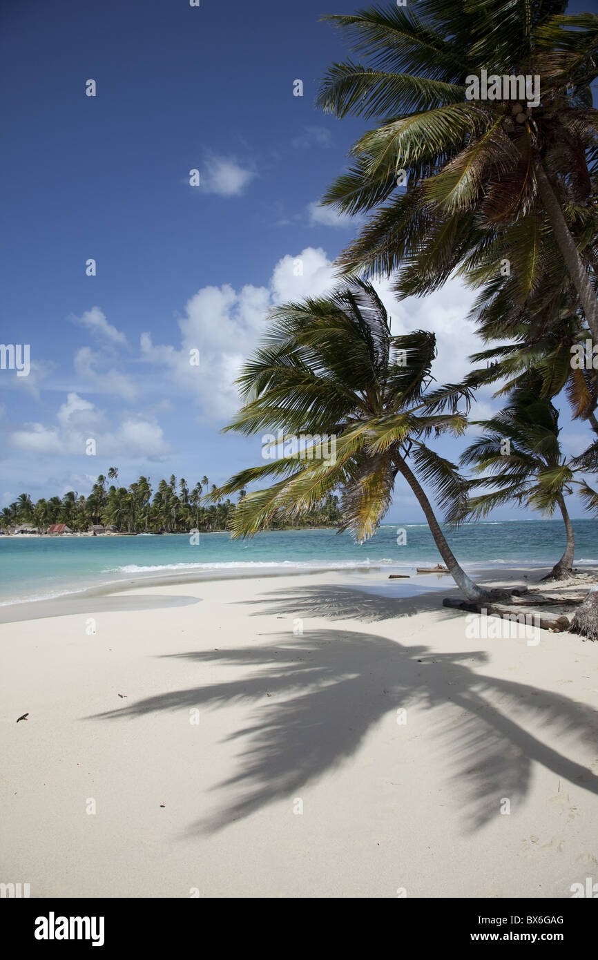 Plage de sable fin et de palmiers sur Dog Island, îles San Blas, Panama, Amérique Centrale Banque D'Images