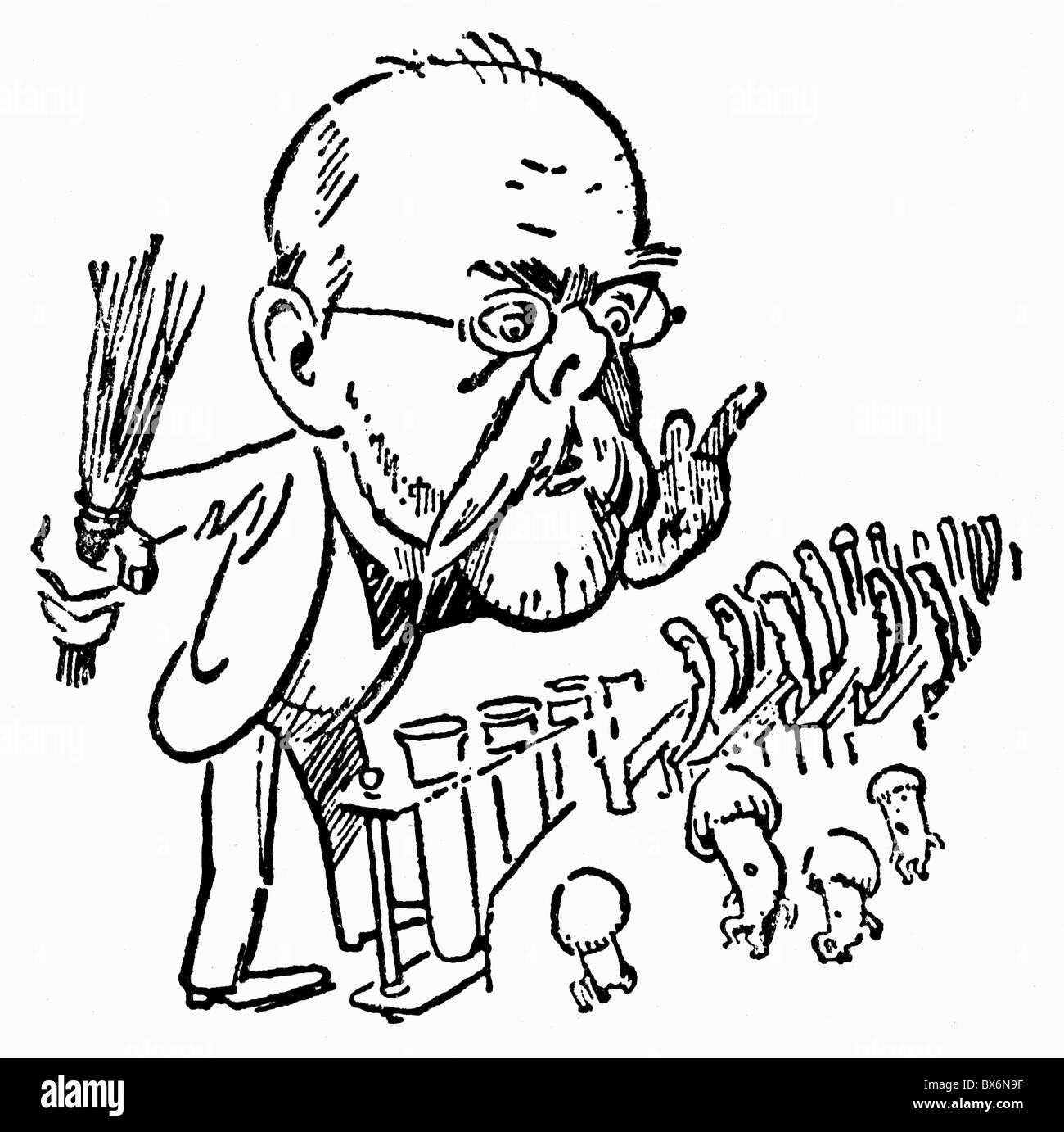 Koch, Robert, 11.12.1843 - 27. 5.1910, médecin allemand, caricature, 'Professeur Koch enseignant aux champignons de fission la culture clea', dessin, vers 1890, Banque D'Images