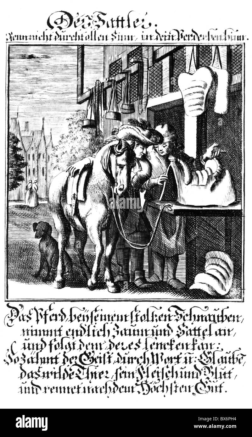 Personnes, professions, bourrelier, gravure sur cuivre à partir de "taendebuch" de Christoph Weigel, 1698, avec le verset par Abraham a Santa Clara, , n'a pas d'auteur de l'artiste pour être effacé Banque D'Images