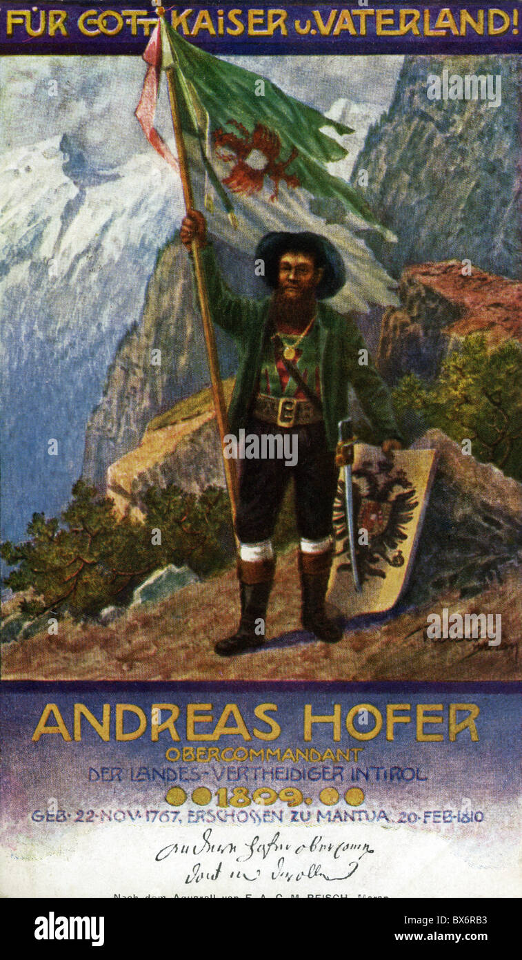 Hofer, Andreas, 22.11.1767 - 20.2.1810, chasseur de liberté Tyrolian, carte postale après aquarelle de Reitsch, Meran, étroit 11.7.1926, , Banque D'Images