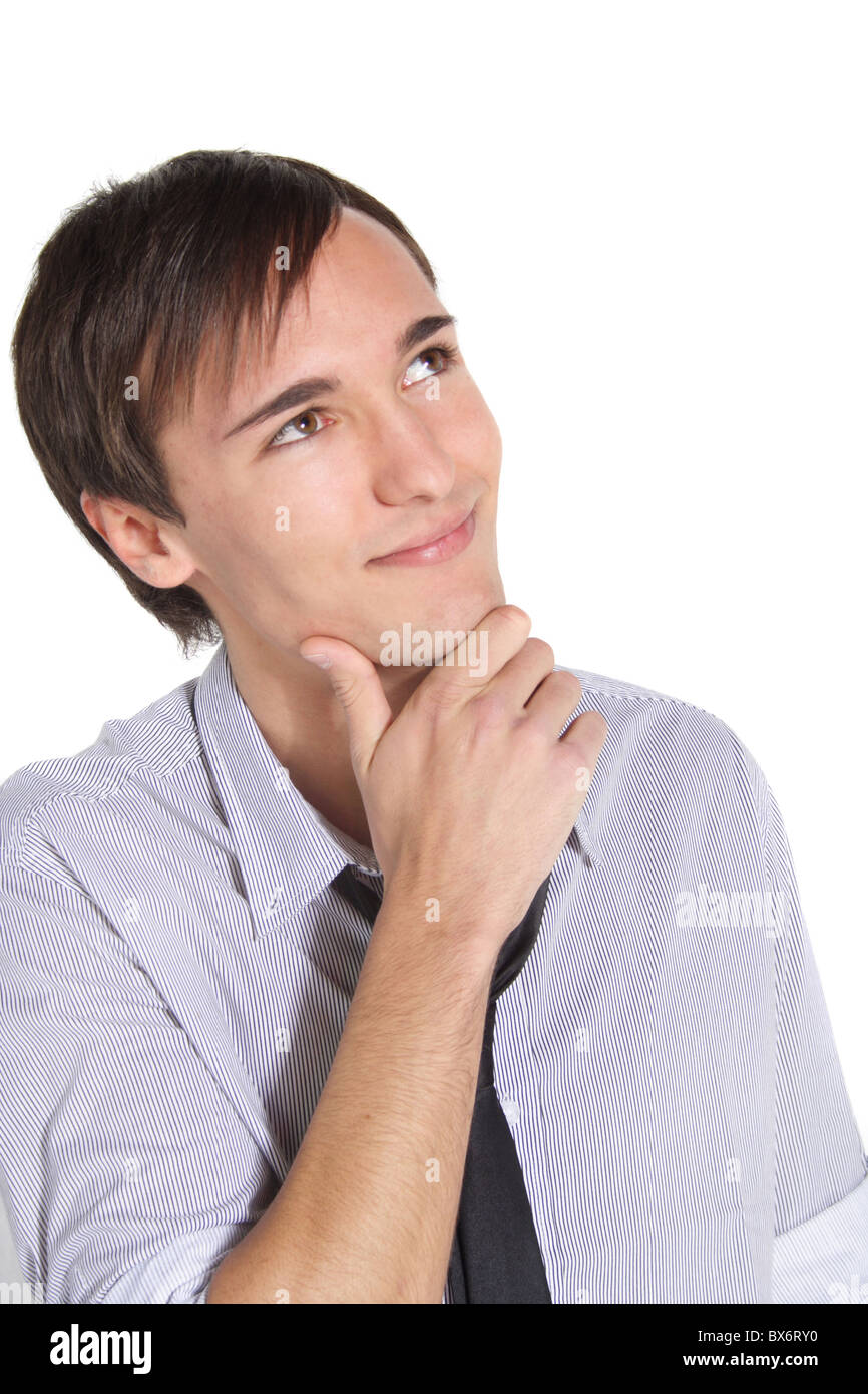 Un beau jeune homme délibère une décision. Tous isolé sur fond blanc. Banque D'Images