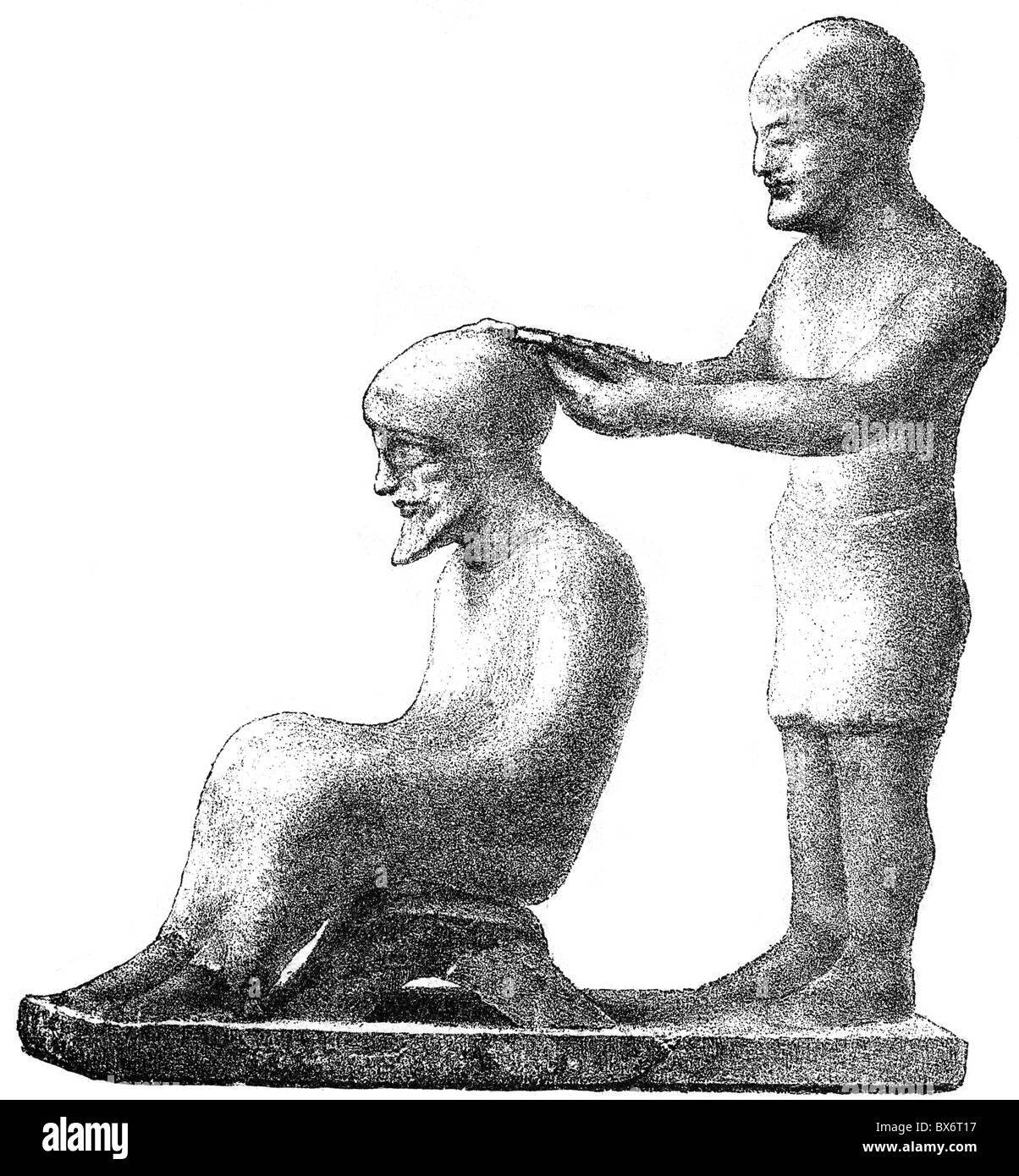Personnes, professions, barber, couper les cheveux, sculpture, vers 700 - 500 av. J.-C., gravure de bois, 19e siècle, monde antique, antiquité, Grèce, grec, hommes, historique, historique, monde antique, droits additionnels-Clearences-non disponible Banque D'Images