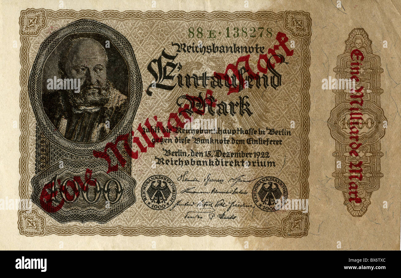Monnaie / finance, billets, inflation, 1000 facture allemande Reichsmark, '1 milliard de marque' imprimée sur elle, 1923, droits supplémentaires-Clearences-non disponible Banque D'Images