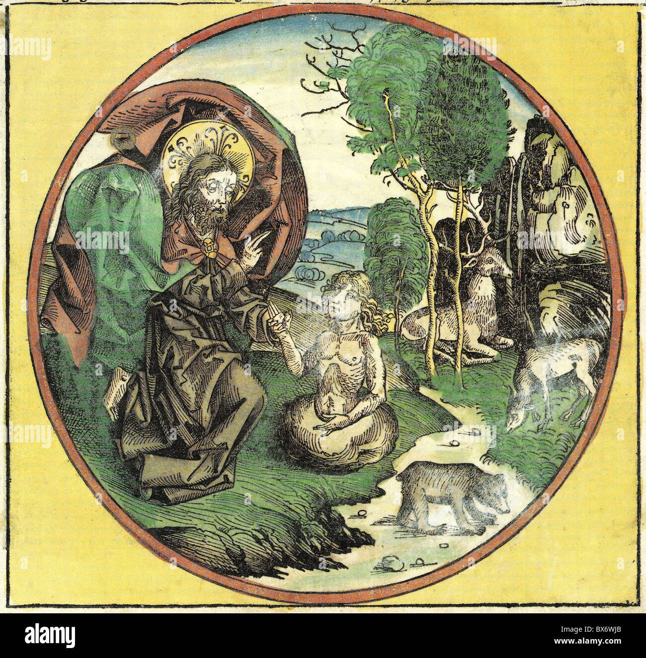 La religion, le christianisme, scènes bibliques, Genesis, 6ème jour, Création de l'homme, gravure sur bois en couleur par Michael Wohlgemut oder Wilhelm Pleydenwurff au monde par la chronique de Hartmann Schedel, Nuremberg, 1493, copyright de l'artiste n'a pas à être effacée Banque D'Images