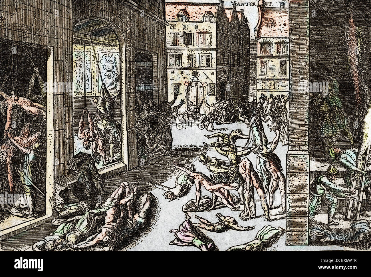 Quatre-vingt ans de guerre 1568 - 1648, pillage d'Anvers par des soldats espagnols, 4.11.1576, XVIe siècle, historique, historique, après gravure contemporaine en cuivre, couleur plus tard, pays-Bas, Belgique, Brabant, Espagne, Don Juan de Autriche, atrocités de guerre, crimes de guerre, crimes de guerre, massacres, massacres, morts, torture, mercenaires, guerre d'indépendance hollandaise, peuple, droits supplémentaires-Clearences pas disponibles Banque D'Images