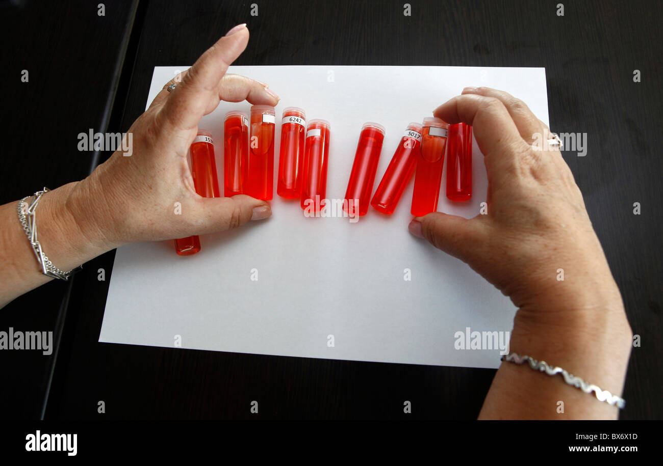 Tubes à essai, test, échantillon de verre, rouge, jaune liquide. (CTK Photo/Rene Fluger) Banque D'Images
