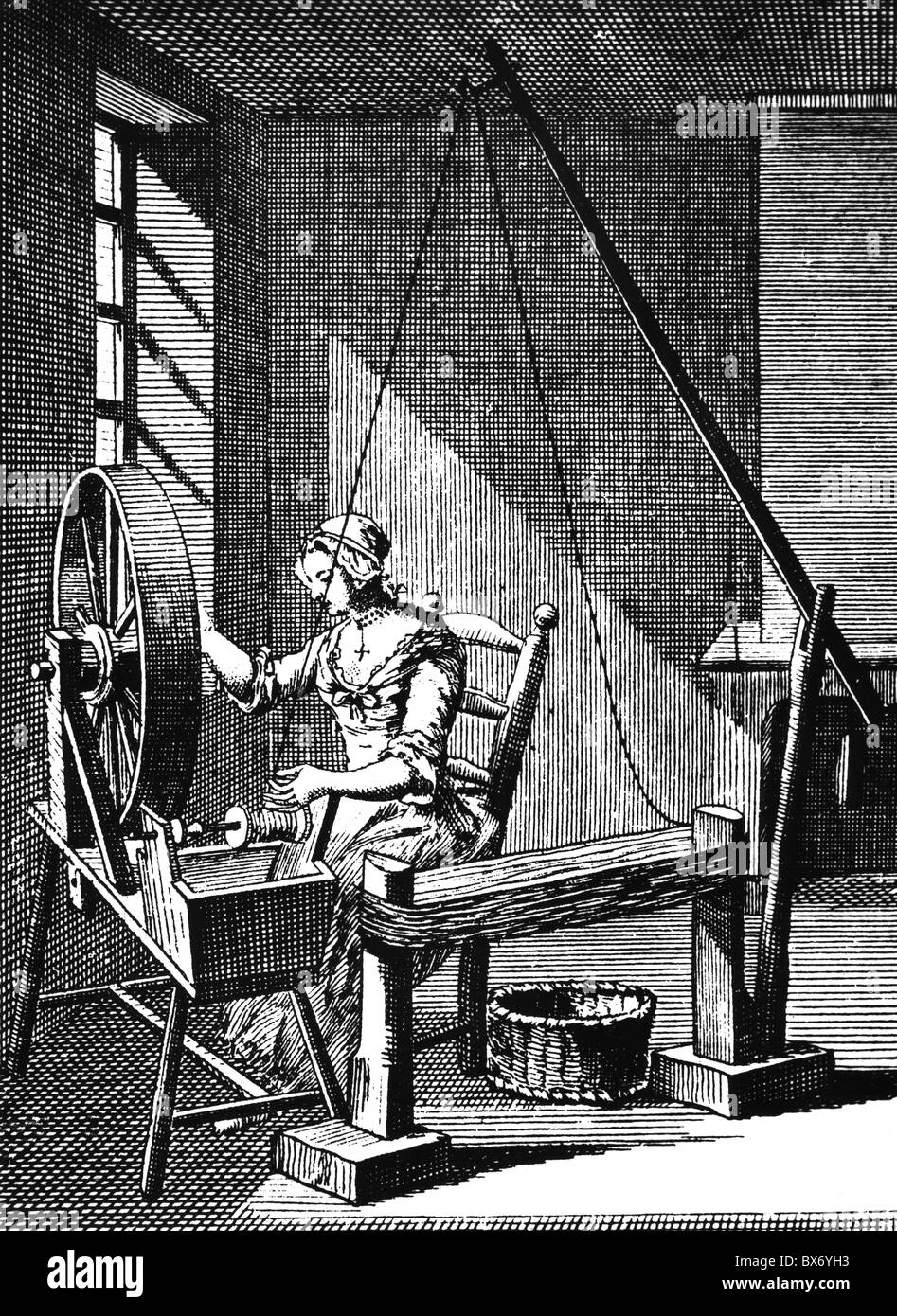 Les gens, les professions, la soie weaver, enrouler la soie, gravure sur cuivre, "Encyclopedie" de Denis Diderot et Jean d'Alembert, 1751 - 1780, , n'a pas d'auteur de l'artiste pour être effacé Banque D'Images