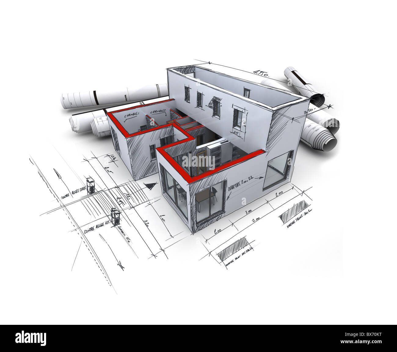 Le rendu 3D d'un modèle d'architecture, avec l'accumulation des plans et des notes manuscrites et mesures Banque D'Images