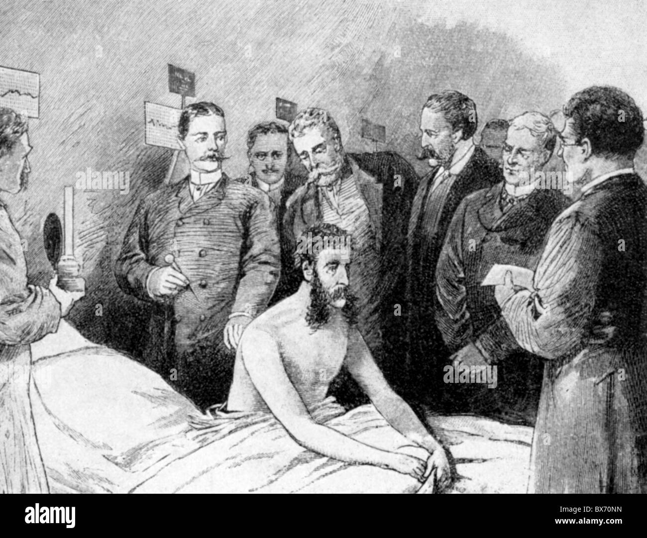 Koch, Robert, 11.12.1843 - 27. 5.1910, médecin allemand, vaccination d'un patient à l'hôpital Charité, gravure sur bois, XIXe siècle, Banque D'Images