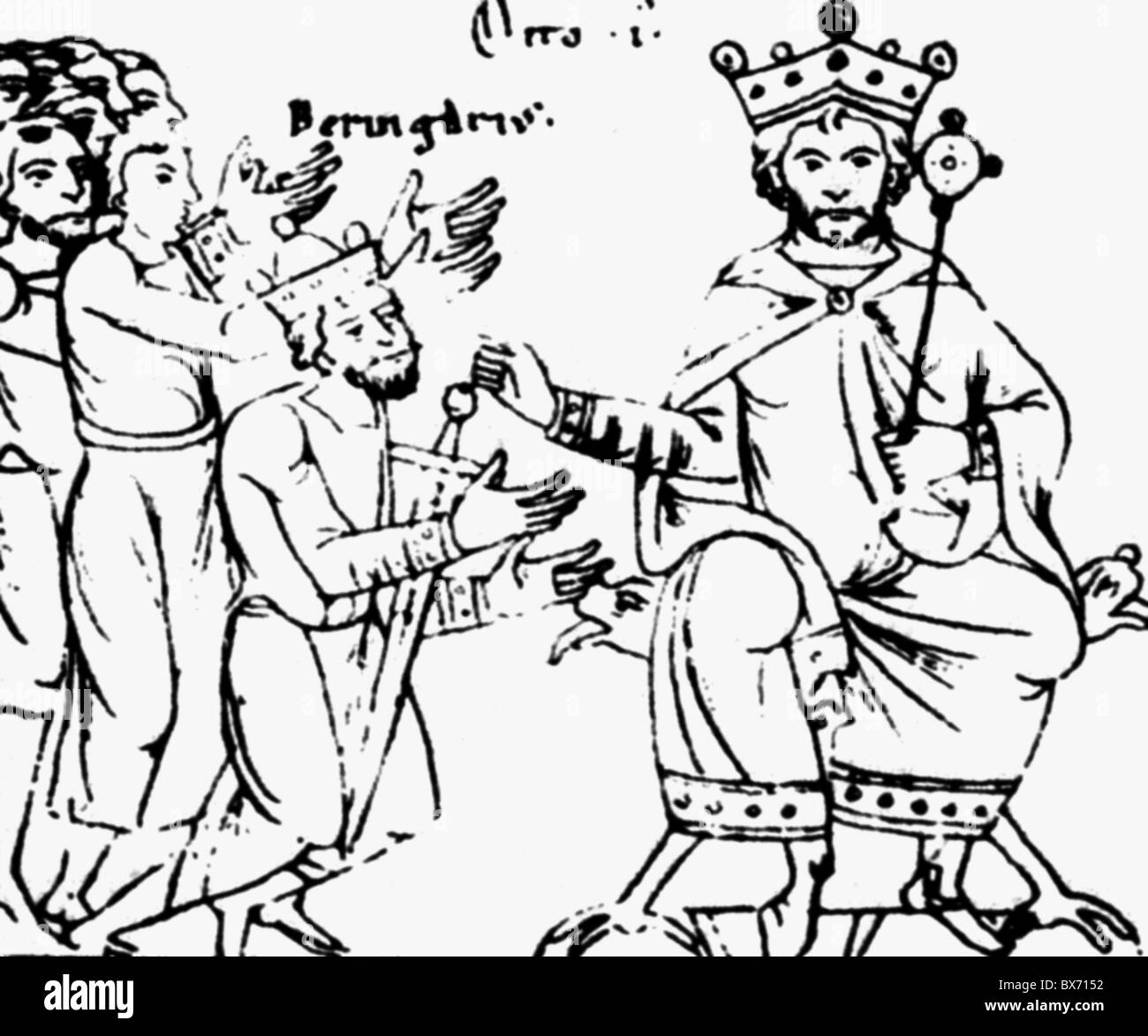 Berengar II, vers 900 - 6.8.966, roi d'Italie 950 - 961, soumettant au roi allemand Otto I 'le Grand', 961, après miniature, vers 1200, Banque D'Images