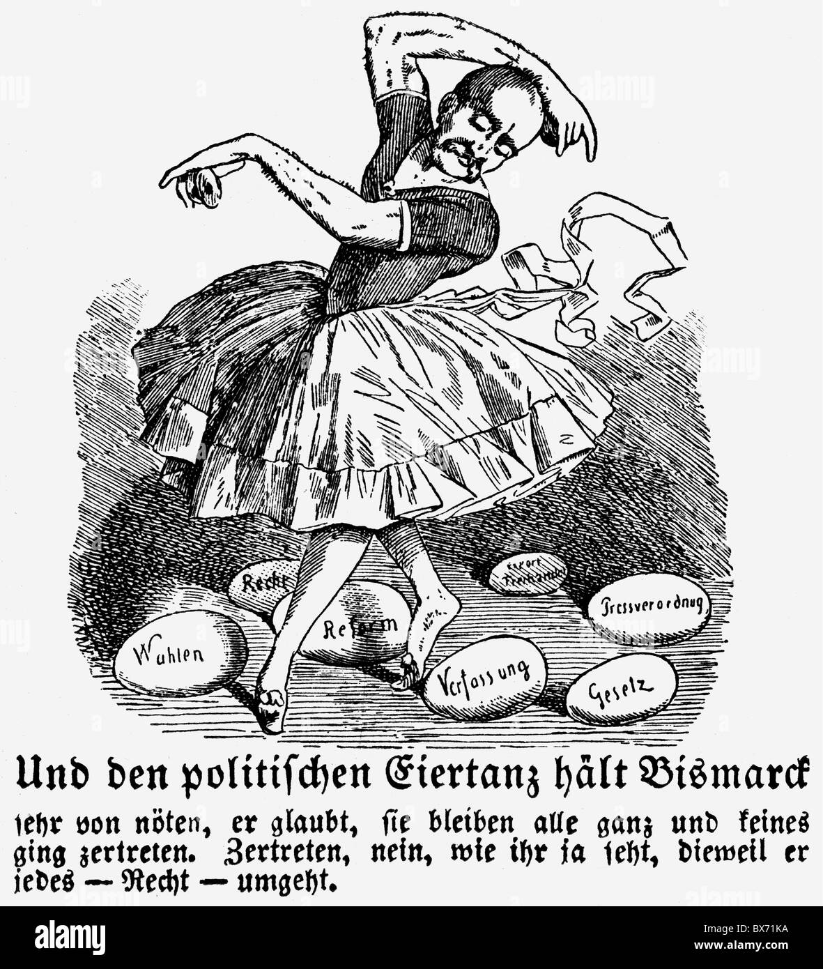 Bismarck, Otto von, 1.4.1815 - 30.7.1898, politicien allemand, Chancelier impérial 31.3.1871 - 20.3.1890, caricature, danse politique entre œufs, gravure sur bois, "Frankfurter Laterne", 20.9.1863, , Banque D'Images