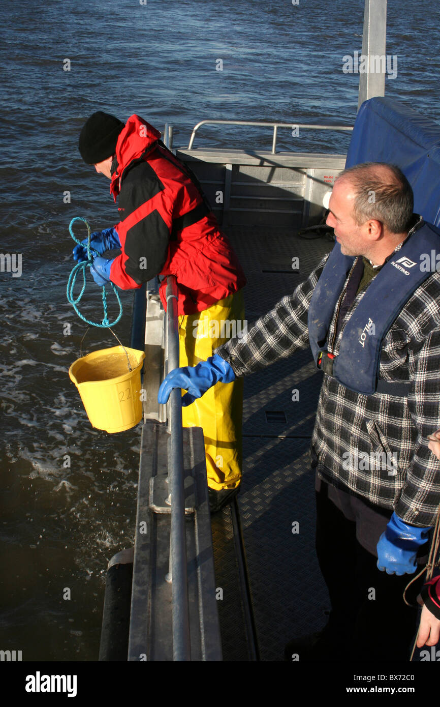 Un scientifique maritime dans des échantillons d'eau de la Mersey, Liverpool, Royaume-Uni Banque D'Images