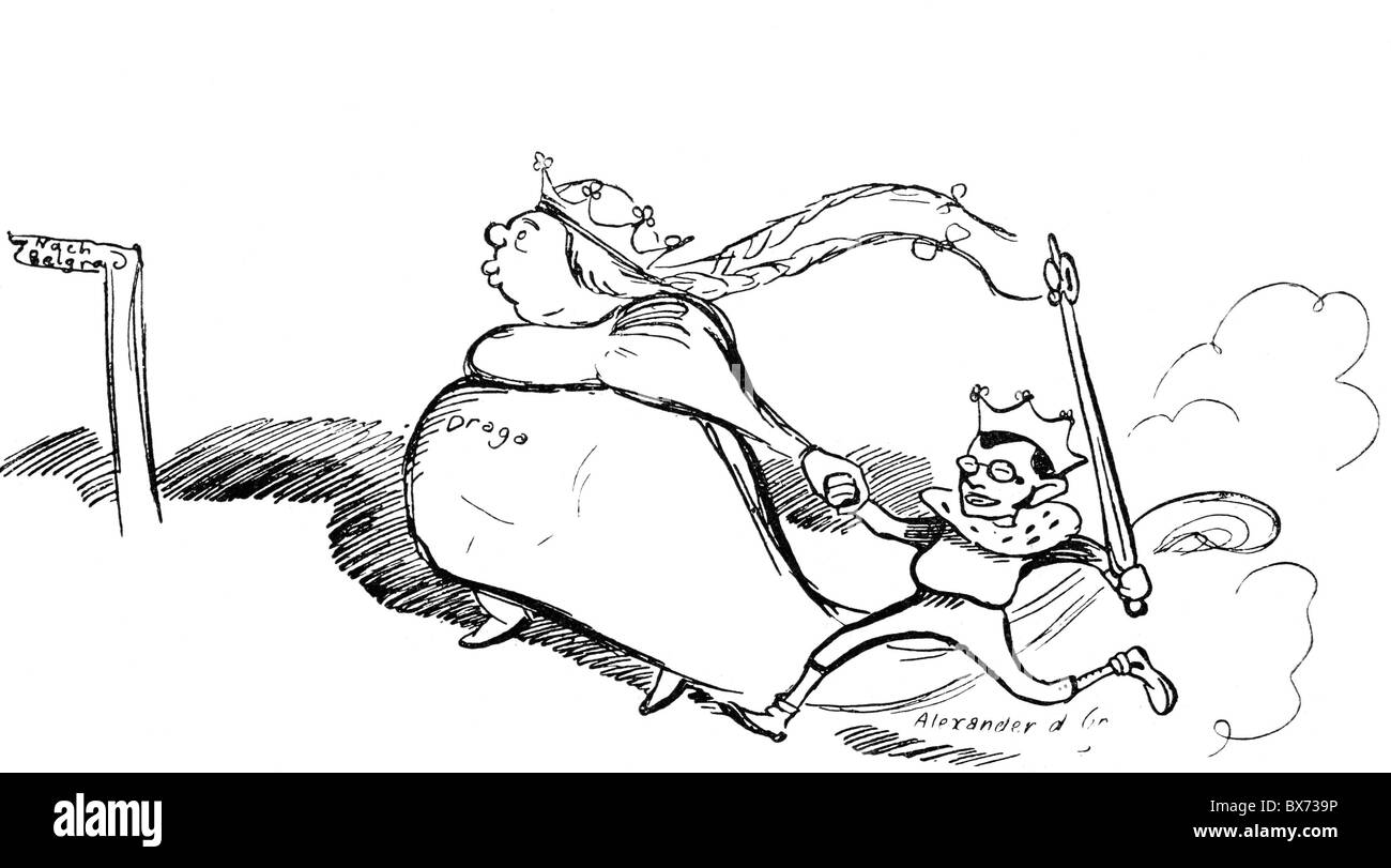 Alexander I, 14.8.1876 - 11.6.1903, roi de Serbie 6.3.1889 - 11.6.1903, avec femme Draga, caricature, "la lune de miel Du Couple Royal serbe doit être reportée en raison de l'annonce prochaine de sa Majesté", dessin, 'Sueddeutscher Postilion', 1900, Banque D'Images
