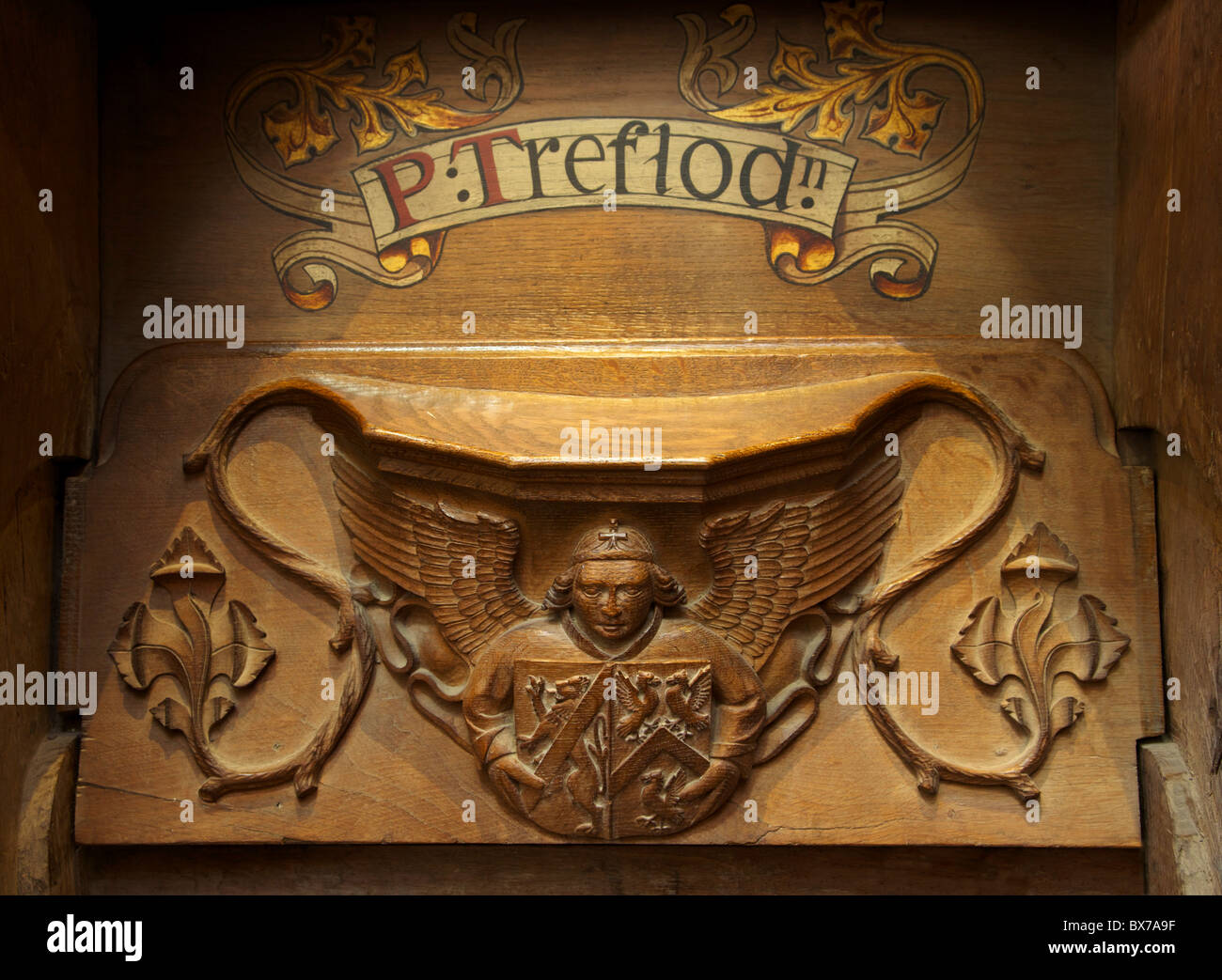 Angel misericord héraldique, Cathédrale St Davids, l'intérieur du Parc National de Pembrokeshire, Pays de Galles, Royaume-Uni, Europe Banque D'Images