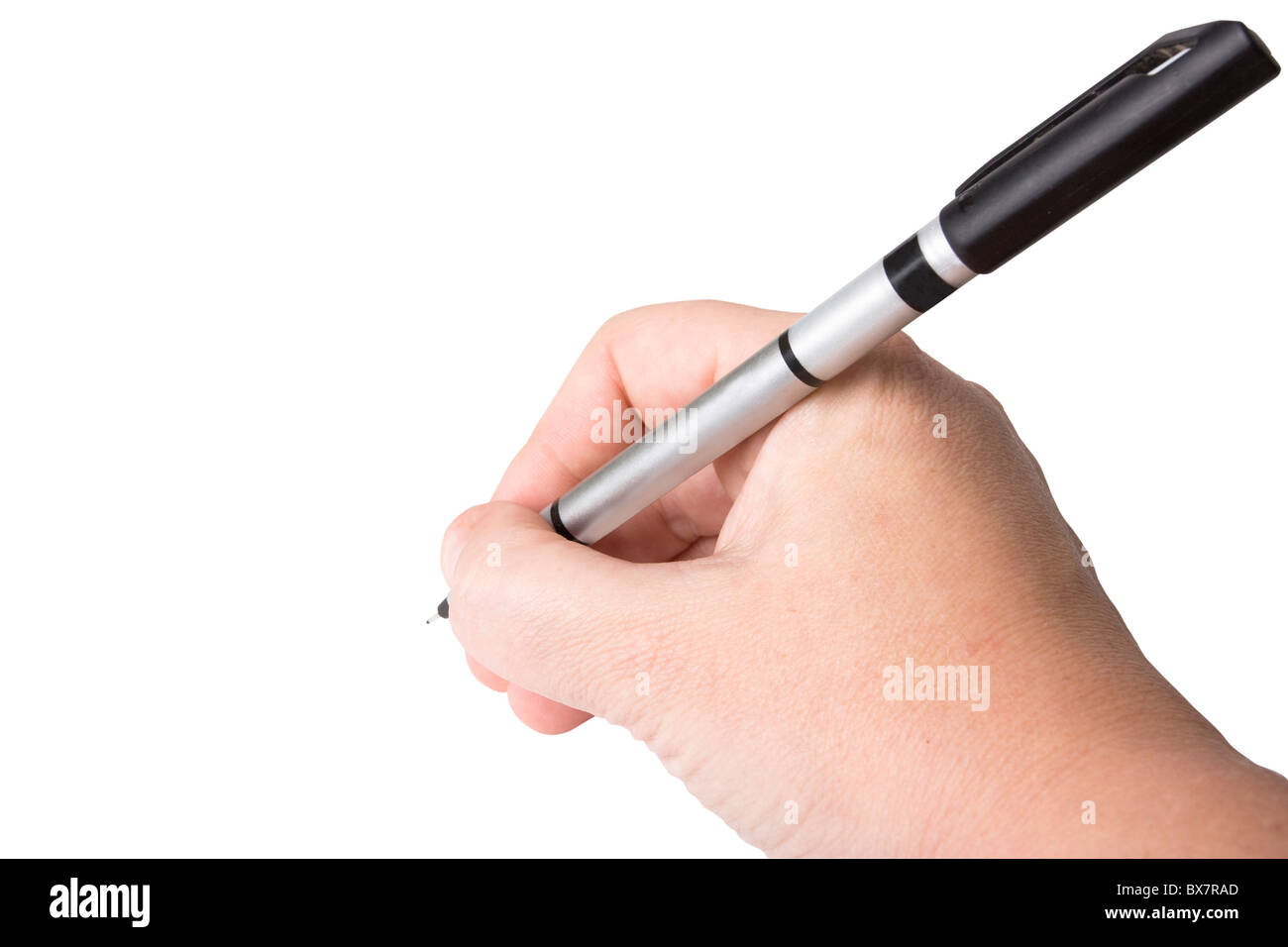 Gros plan d'une main tenant un stylo fineliner noir design graphique Banque D'Images