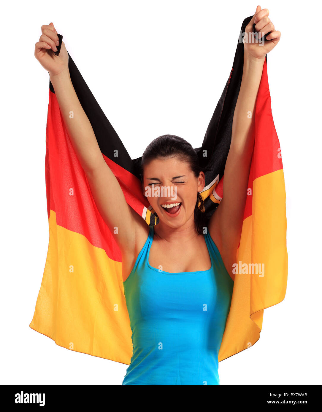 Attractive young woman cheering. Le tout sur fond blanc Banque D'Images