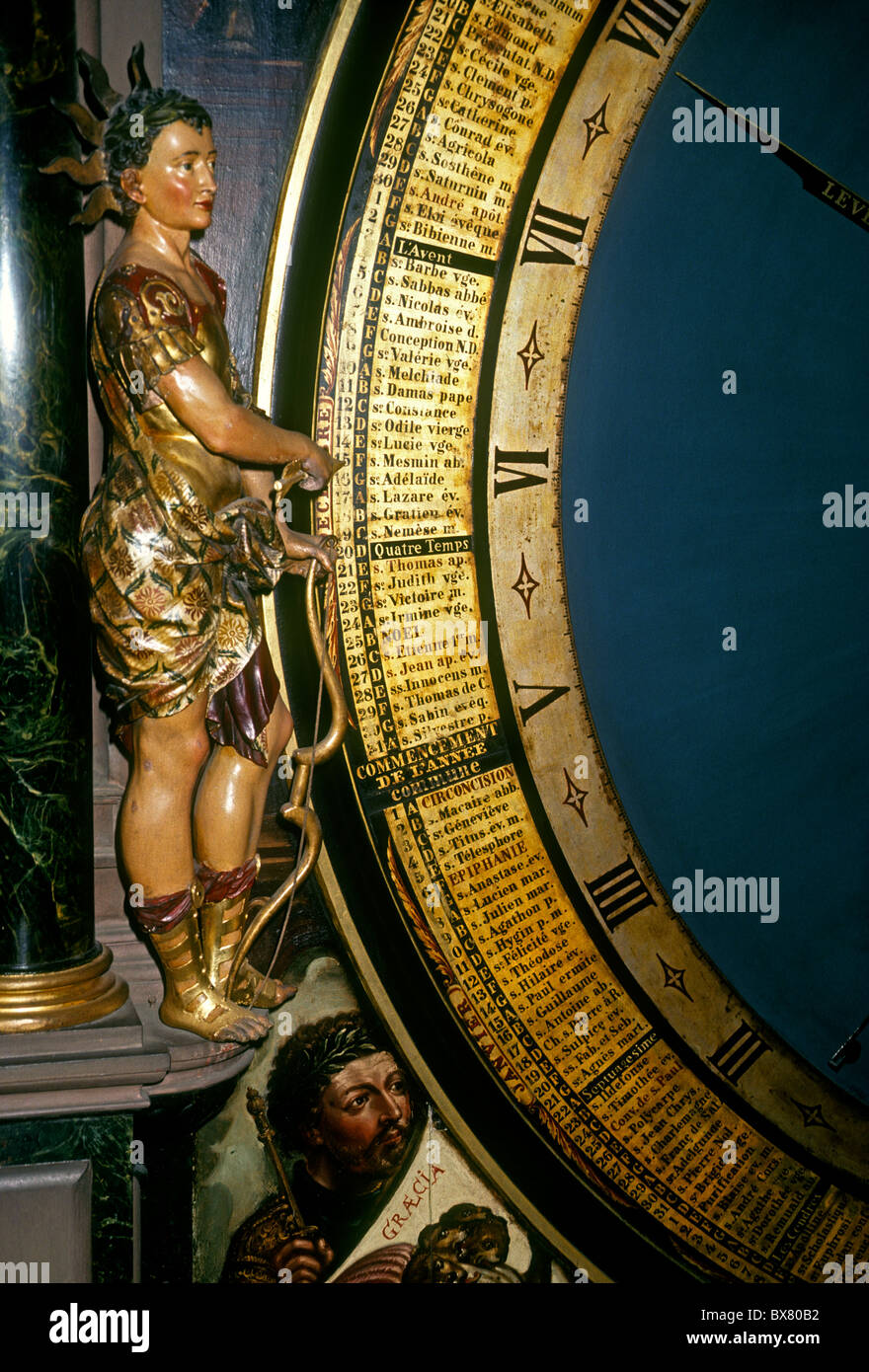 Horloge astronomique, l'horloge mécanique, globe céleste, la cathédrale de Strasbourg, Strasbourg, Alsace, France, Europe Banque D'Images