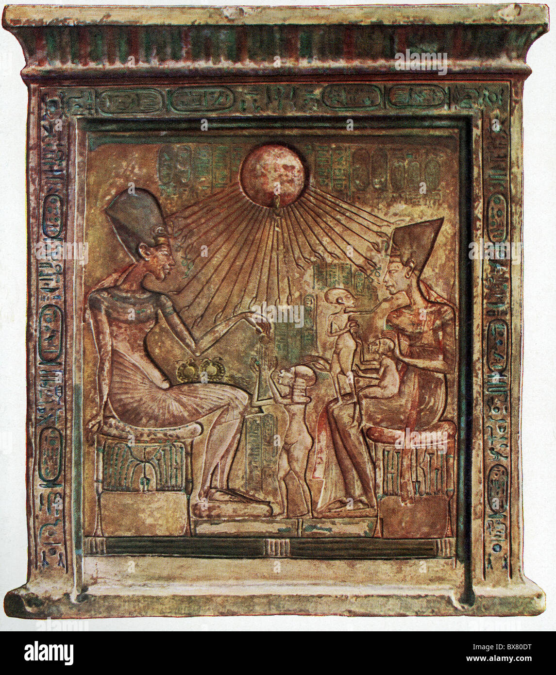 Cette peinture murale montre Akhenaton, la xviiie dynastie (Nouvel Empire) pharaon égyptien, et sa famille adorant Aton. Banque D'Images