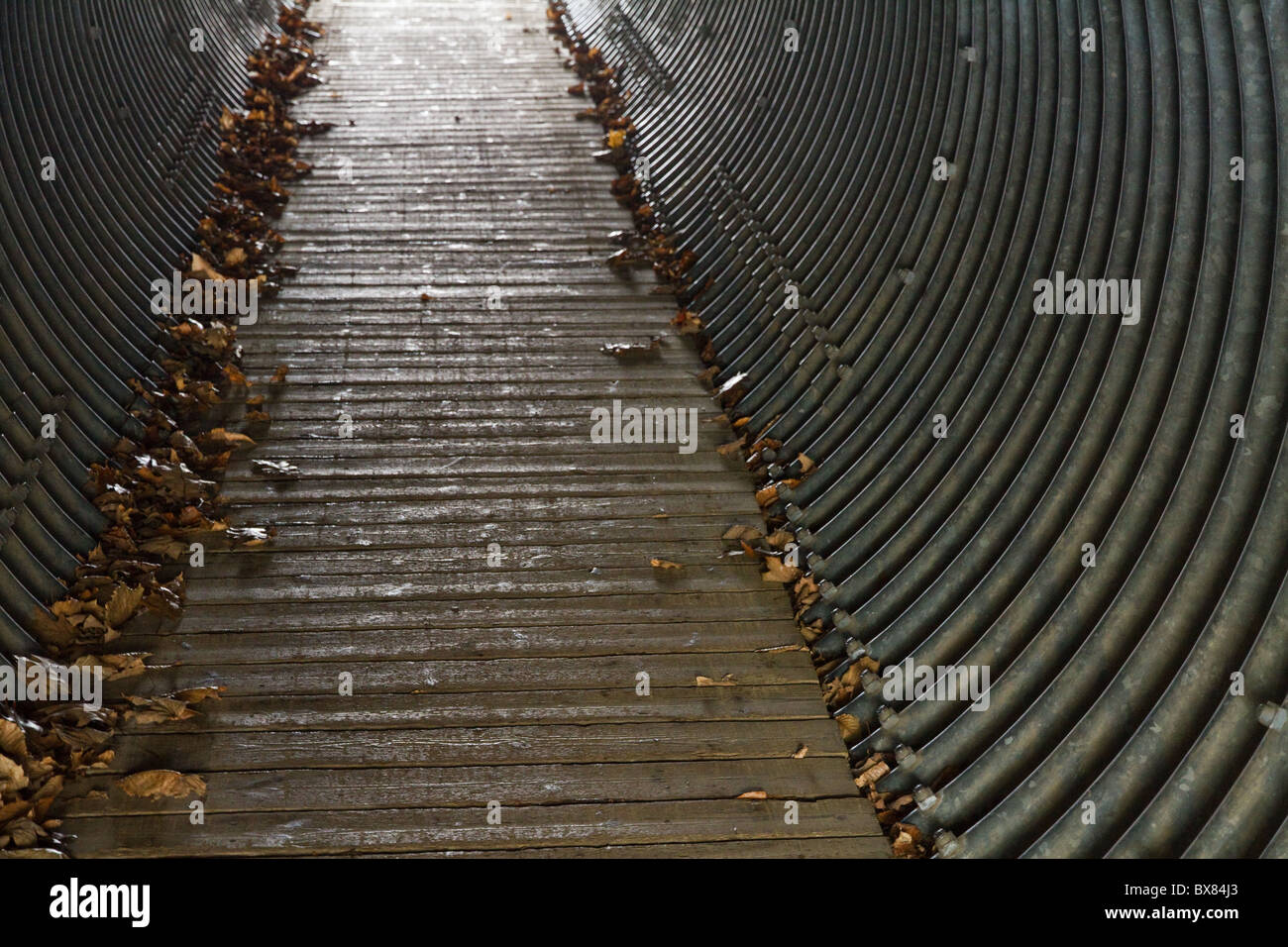 Les feuilles mortes ont été soufflé dans les côtés d'une faible technicité sous une chaussée métro Banque D'Images