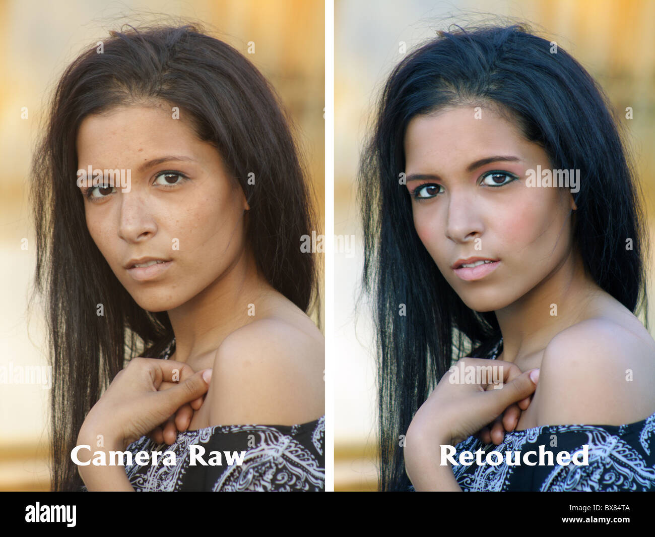Une comparaison de l'image brute et la retouche image en gros plan d'une charmante jeune latina adolescents Banque D'Images