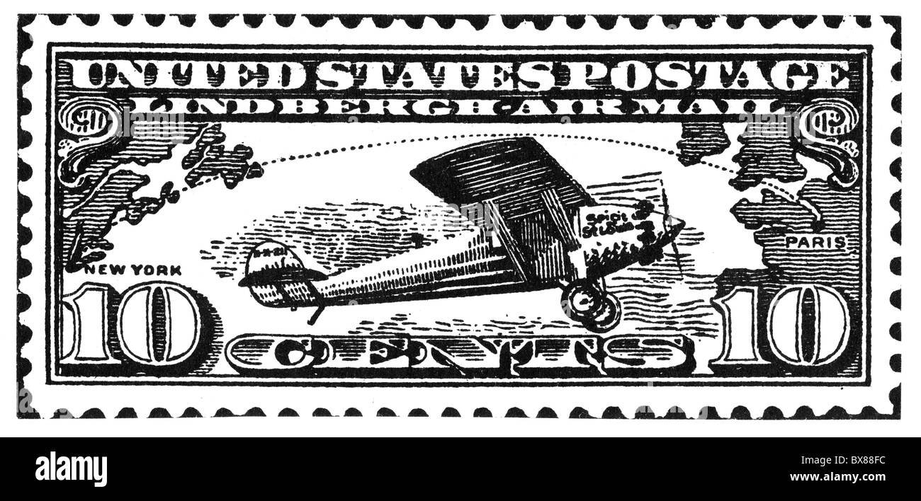 Courrier, timbres-poste, timbre de 10 cents, 'Lindbergh Air Mail', 11.7.1927, avant, aéronef 'Saint Louis' de Charles Lindbergh, , droits-supplémentaires-Clearences-non disponible Banque D'Images