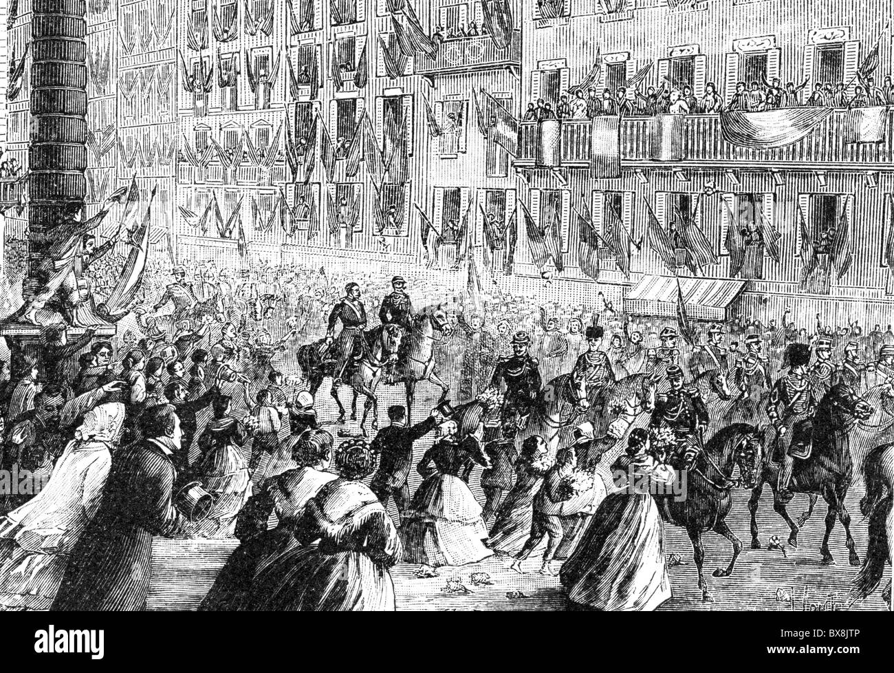 Evénements, guerre austro-sarde 1859, entrée de l'allié à Milan, 4.6.1859, gravure en bois, 19e siècle, empereur Napoléon III Bonaparte, roi Victor Emmanuel II du Piémont-Sardaigne, France, Italie, Lombardie, indépendance italienne, risorgimento, Piémont - Sardaigne, Savoie, historique, historique, austro-sarde, peuple, droits additionnels-Clearences-pas disponible Banque D'Images