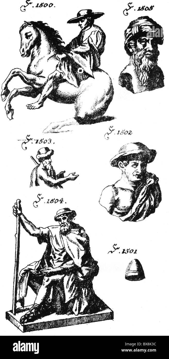 La mode, coiffures, chapeaux, chapeaux de l'antiquité grecque et romaine, gravure sur cuivre, 'Oeconomische Kruenitz Johann Georg Encyclopedie', volume 27, Berlin, 1783, , n'a pas d'auteur de l'artiste pour être effacé Banque D'Images