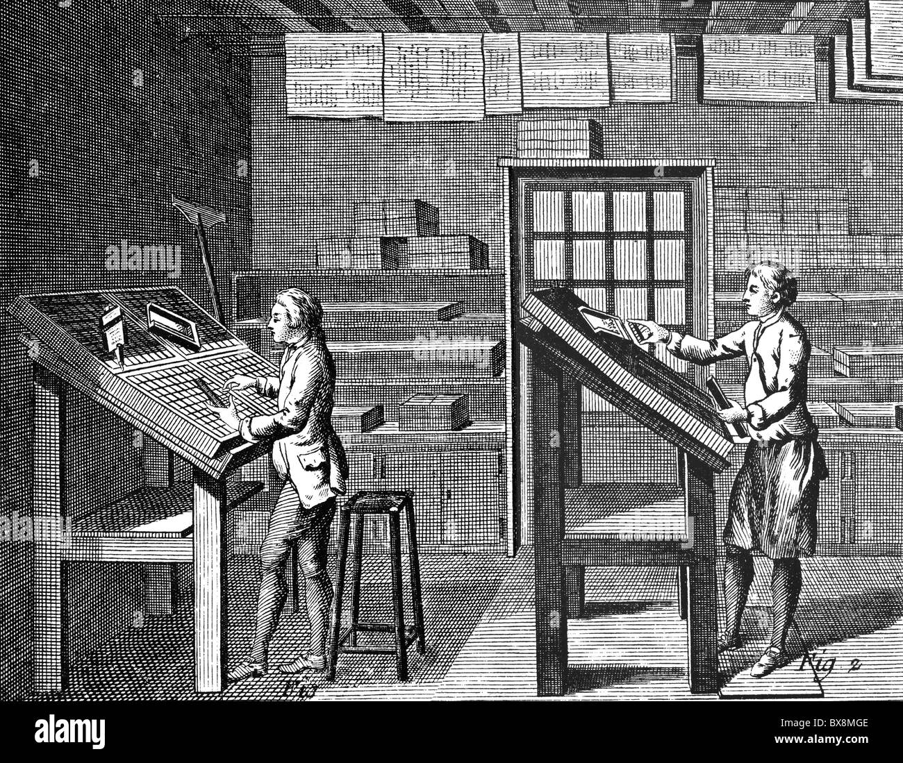 Personnes, professions, typographe, gravure sur cuivre, "Encyclopedie" de Denis Diderot et Jean d'Alembert, 1751 - 1780, , n'a pas d'auteur de l'artiste pour être effacé Banque D'Images