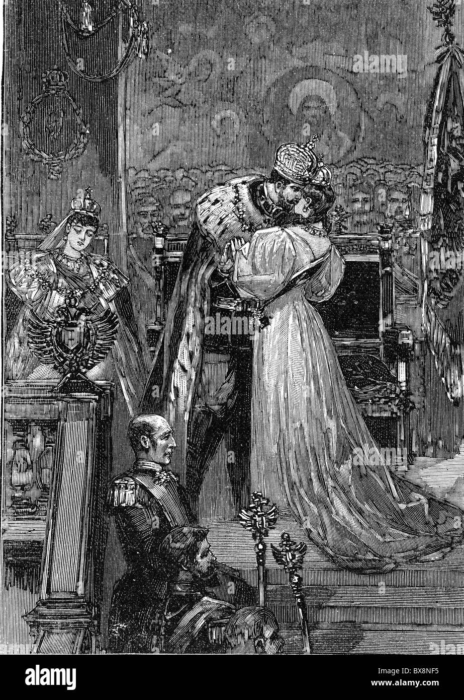 Nicholas II Alexandrovitch, 6.5.1868 - 16.7.1918, Empereur de Russie 1894 - 1917, scène, couronnement, le tsar embrassant sa femme, Empress consort Alexandra Feodorovna Romanova, gravure de bois après dessin de R. E. Kepler, , Banque D'Images
