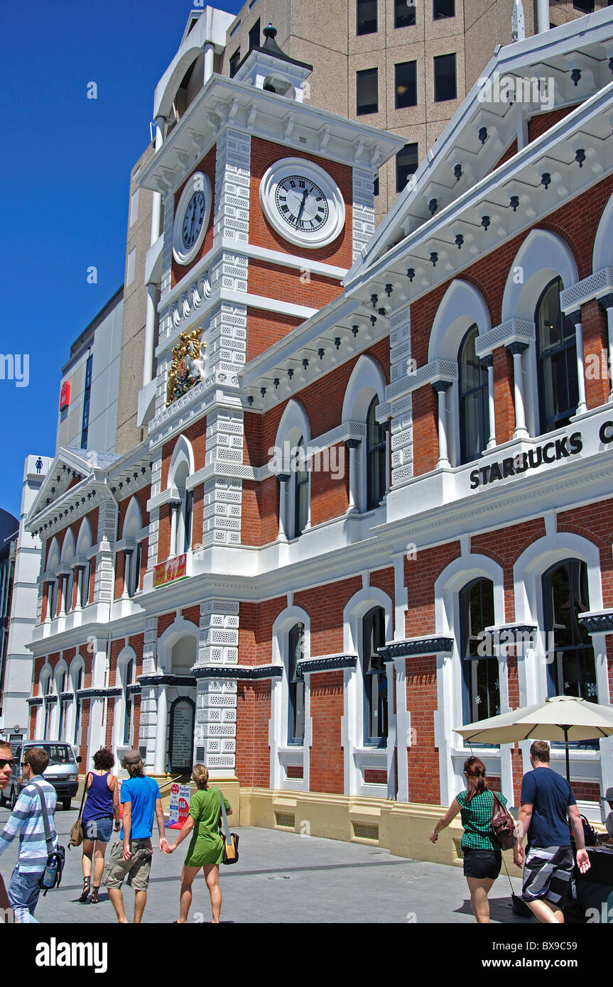 Ancien bureau de poste de façade et tour de l'horloge, Place de la Cathédrale, Christchurch, Canterbury, île du Sud, Nouvelle-Zélande Banque D'Images