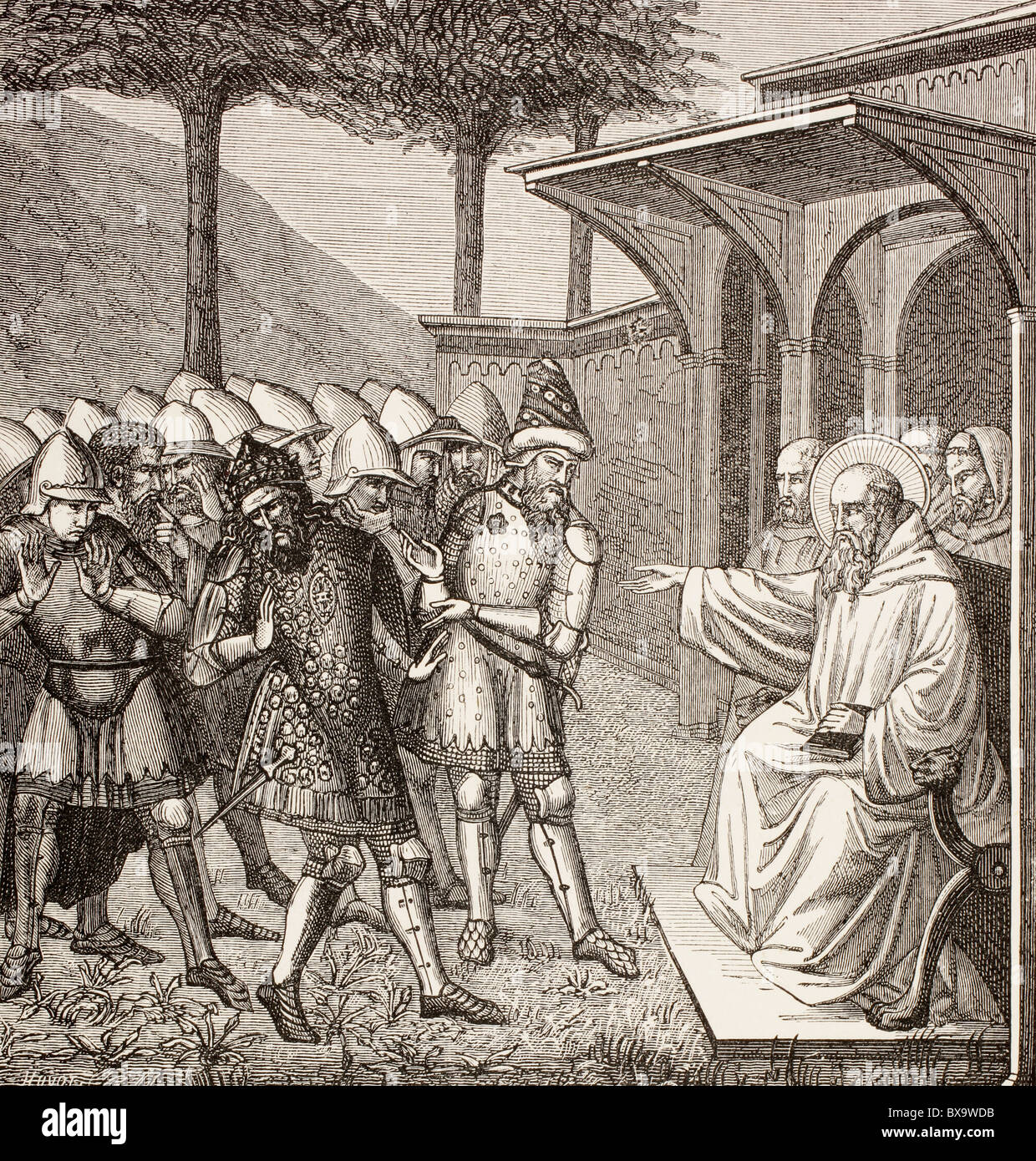 Saint Benoît de Nursie reproches Baduila aka Totila, roi des Ostrogoths, d'avoir trompé et lui prédit sa mort. Banque D'Images
