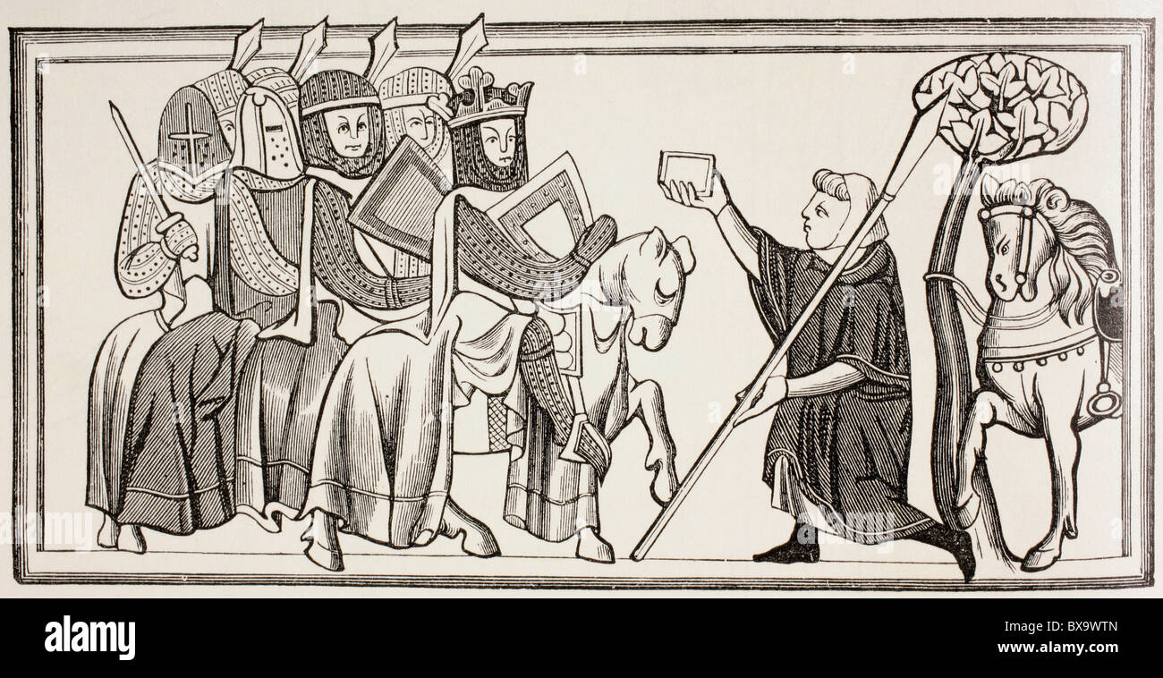 Un messager arrive avec un message d'un roi qui est à la tête de son armée. Après une illustration dans un 13ème siècle MS. Banque D'Images