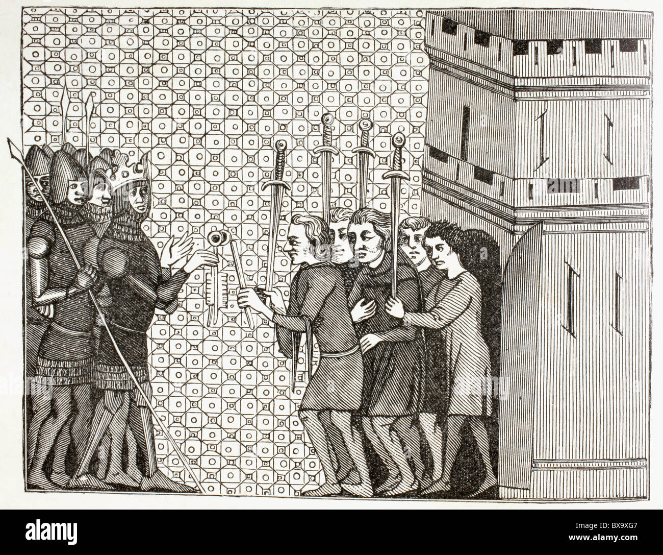 Après la capture d'une ville du 14e siècle, la garnison capitule et se jette sur la merci de leurs ravisseurs. Banque D'Images