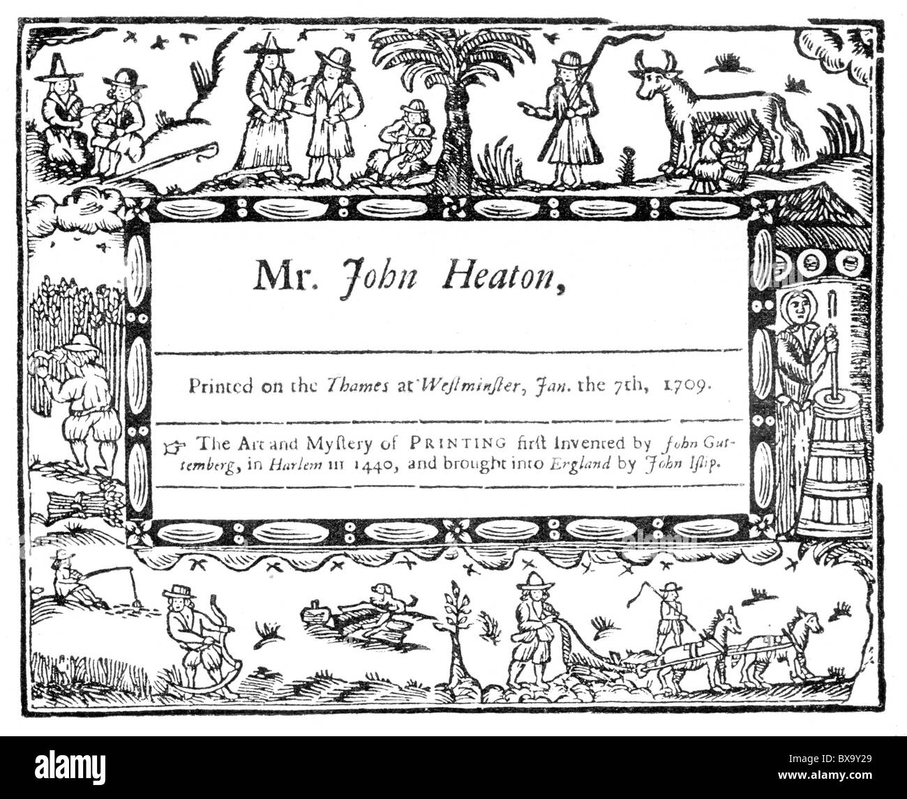 Publicité de John Heaton, imprimante, 1709 ; noir et blanc Illustration ; Banque D'Images