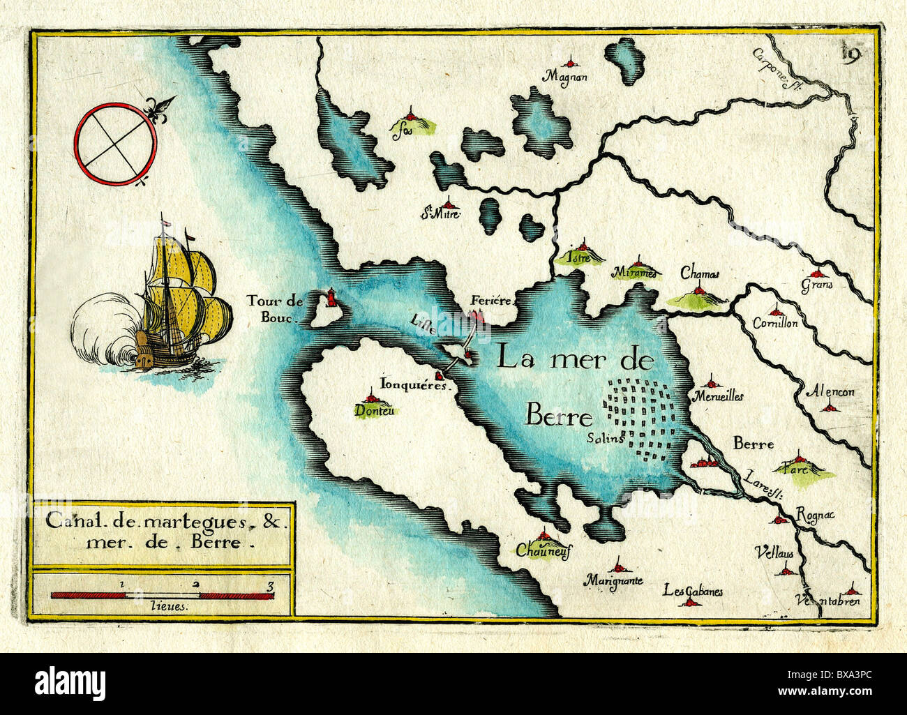 Carte ancienne de l'Etang de Berre et ville provençale de Martigues, Provence, France (gravure par Christophe Tassin aka Nicolas Tassin, Christophe Nicolas Tassin ou Christophe le Tassin, 1636) Banque D'Images