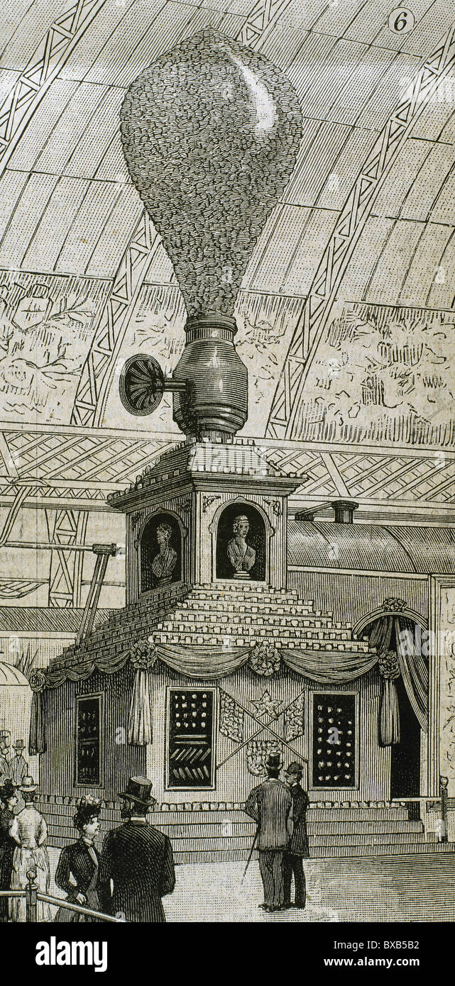 Lampe à incandescence modèle géant, de l'ampoule de type Edison. Exposition Universelle de Paris en 1889. La gravure. Banque D'Images Lampe à incandescence modèle géant, de l'ampoule de type Edison. Exposition Universelle de Paris en 1889. La gravure. Banque D'Images