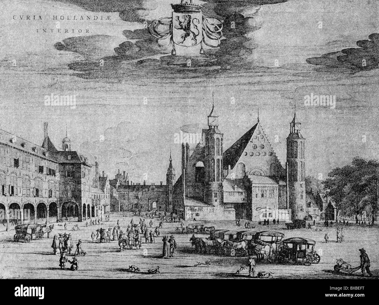 La cour du palais à La Haye, Pays-Bas, vers 1690 ; noir et blanc Illustration ; Banque D'Images