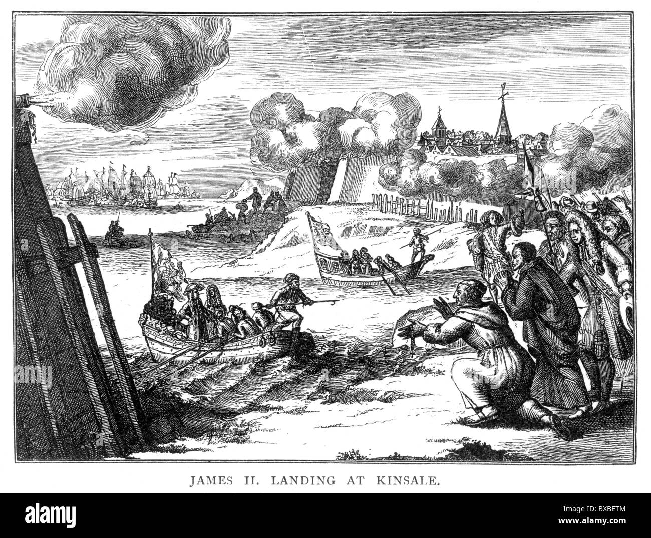 Le roi Jacques II, à l'atterrissage à Kinsale, mars 1689, Irlande ; noir et blanc Illustration ; Banque D'Images