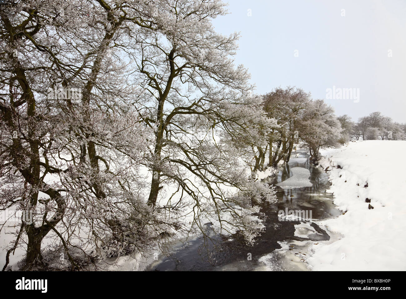 Pays neige scène et collecteur de la rivière dans le parc national de Peak District en hiver près de Longnor, Staffordshire, Angleterre, Royaume-Uni. Banque D'Images