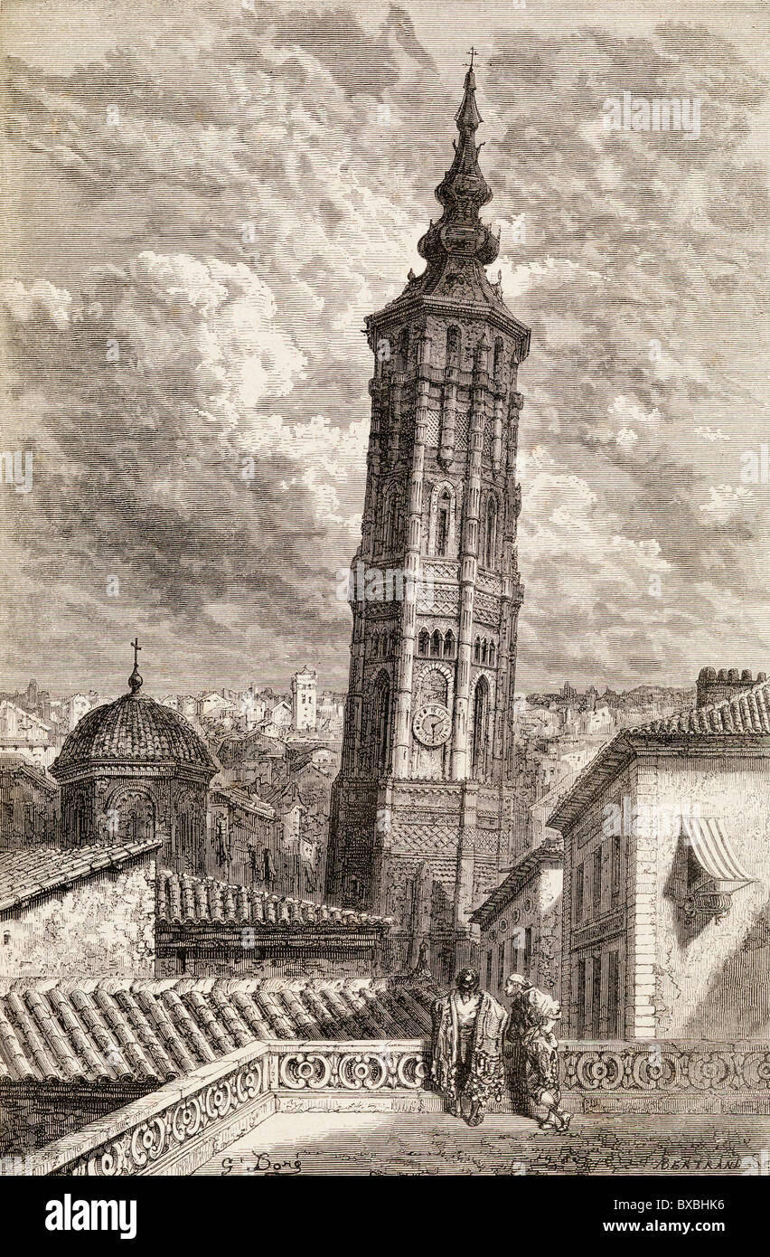 La Torre Nueva ou inclinada à Saragosse, Espagne au 19e siècle. Construit au 16ème siècle, la tour fut démolie en 1892. Banque D'Images