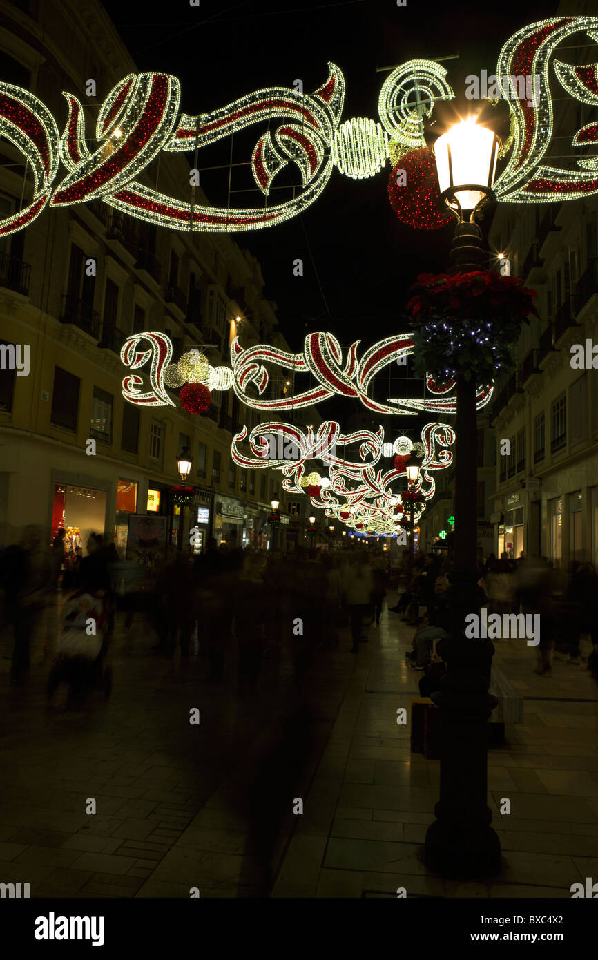 Les lumières de Noël de Malaga, Calle Larios, la ville de Malaga, Andalousie, Espagne, Costa del Sol, de nuit, nuit, nuit, paysage urbain, Banque D'Images
