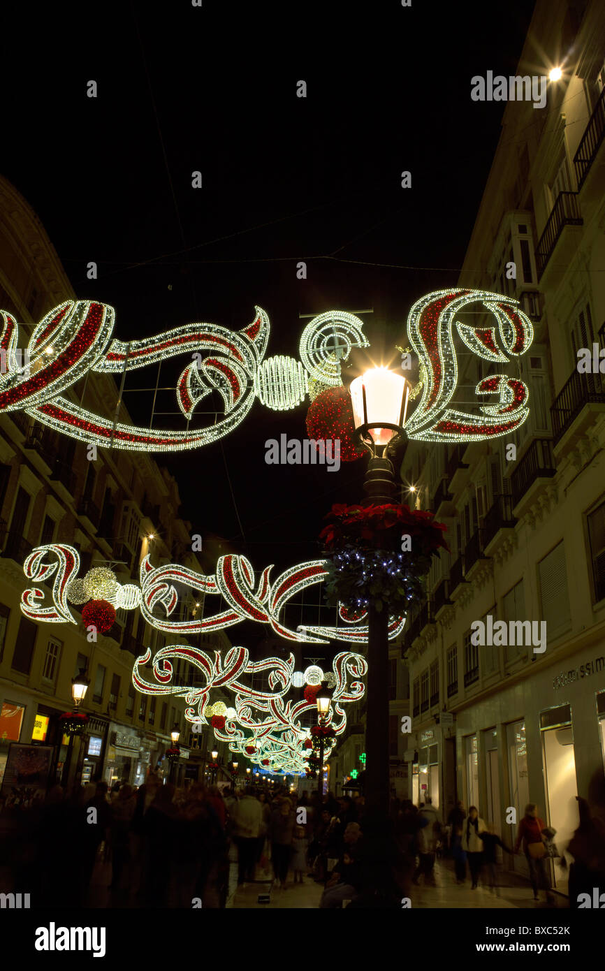 Les lumières de Noël de Malaga, Calle Larios, la ville de Malaga, Andalousie, Espagne, Costa del Sol, de nuit, nuit, nuit, paysage urbain, Banque D'Images