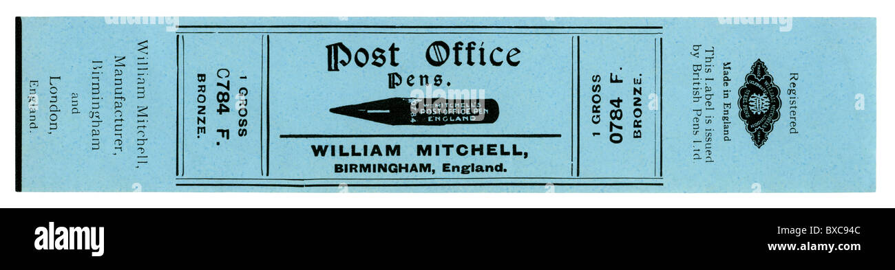 Vieille boîte en acier brut pour une étiquette de plumes à écrire - Bureau de poste 'Plumes' fabriqués par William Mitchell de Birmingham, c.1900 Banque D'Images